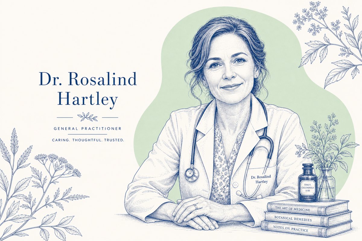 Portrait of Dr. Rosalind Hartley against cream paper and indigo line